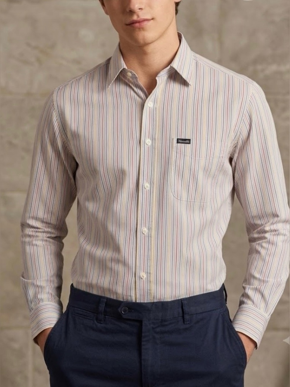 Faconnable Multi-Stripe Cotton Dress Shirt in White with Pastel Stripes size XS